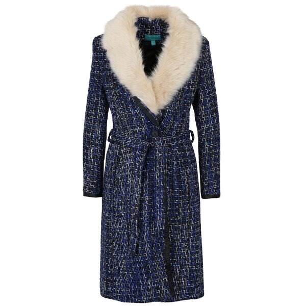 Palton multicolor albastru cu blana si cordon Fever London Enid