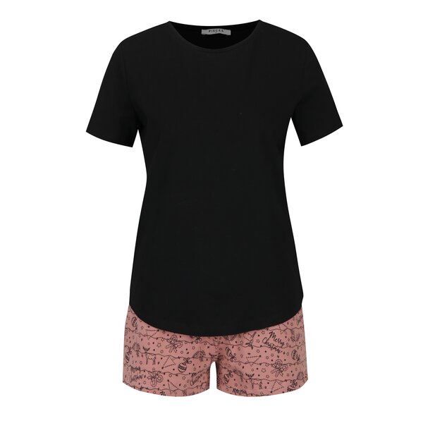 Pijama cu tricou negru si pantaloni scurti roz - Pieces Cammi
