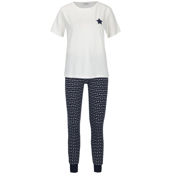 Pijama cu tricou crem si pantaloni bleumarin cu print - Pieces Cailin