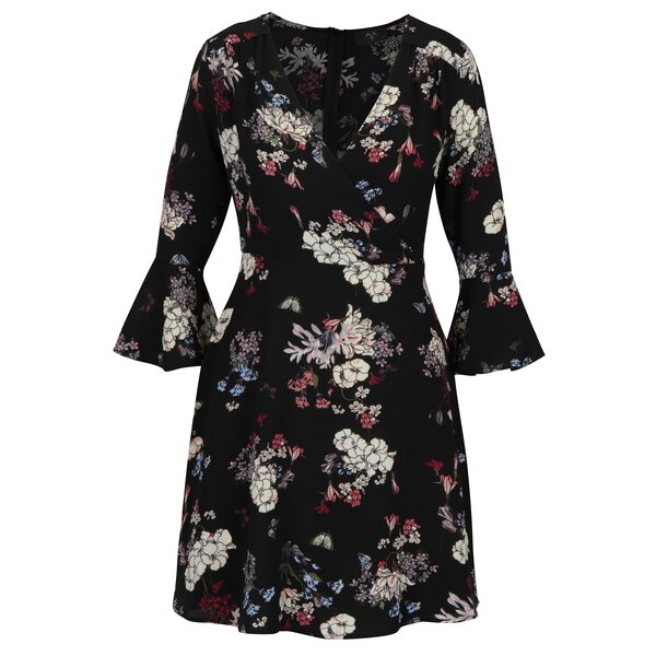 Rochie cu print floral negru & crem si maneci tip clopot - AX Paris