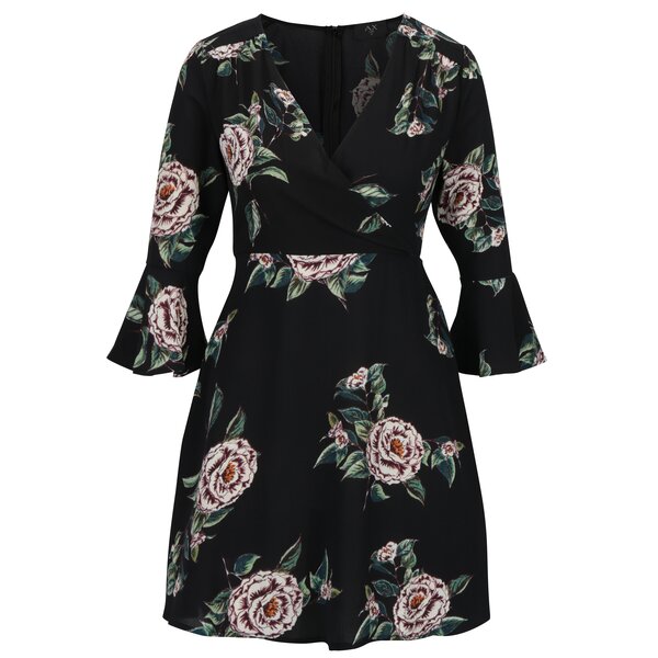 Rochie neagra cu print floral si decolteu suprapus - AX Paris