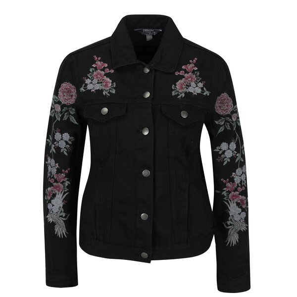 Jacheta neagra din denim cu broderie - Dorothy Perkins