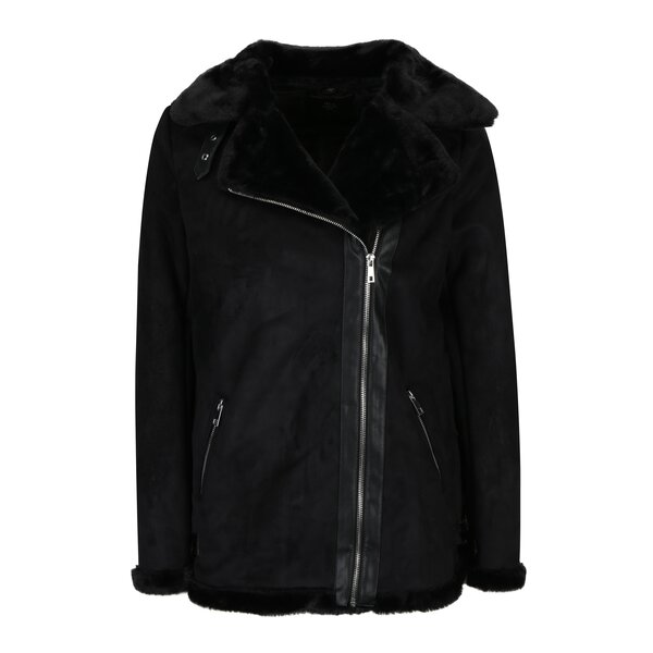 Geaca neagra cu blana artificiala si guler asimetric - Dorothy Perkins