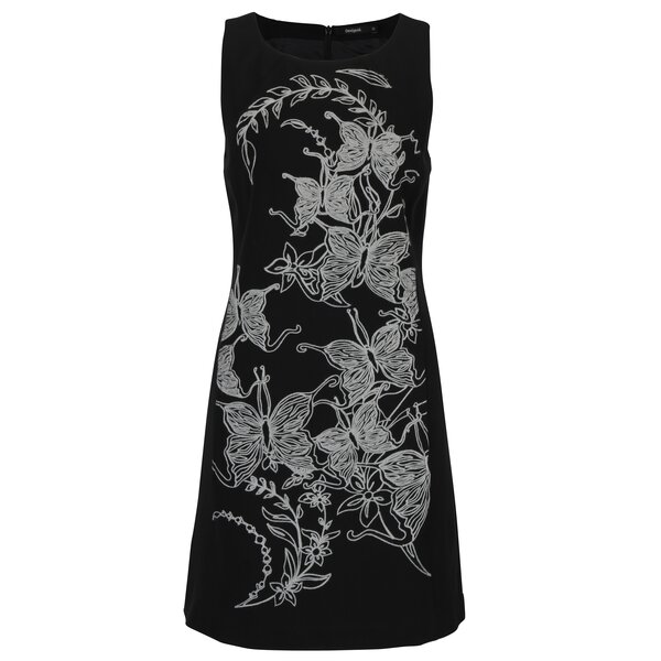 Rochie neagra fara maneci cu print floral si fluturi Desigual Rotterdam