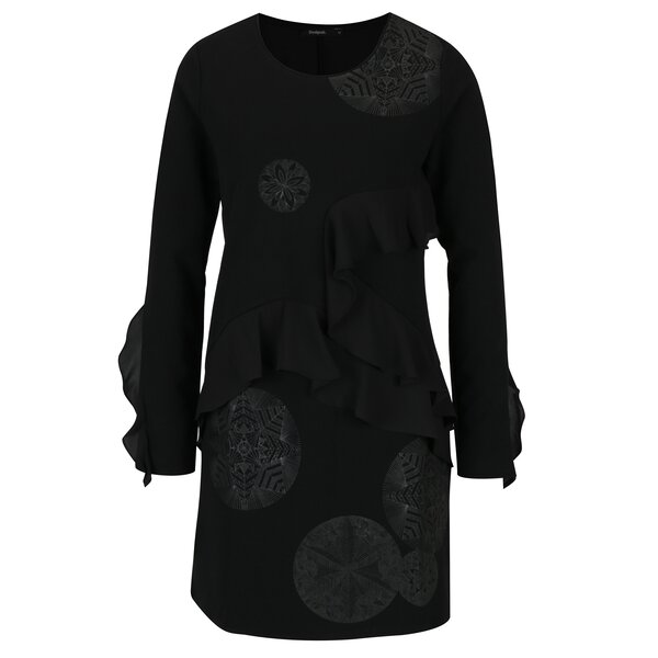 Rochie neagra dreapta cu volane asimetrice Desigual Flopo