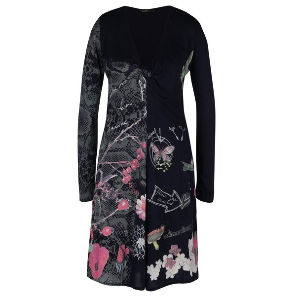 Rochie neagra cu print multicolor si nod la decolteu Desigual Carina