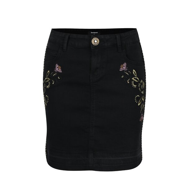 Fusta neagra din denim cu broderie florala Desigual Exo Red