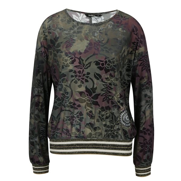 Bluza kaki cu print floral si terminatii elastice Desigual Sally