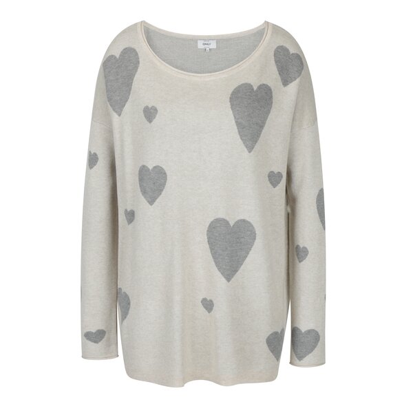 Pulover lung cu inimi crem & gri - ONLY Valentine