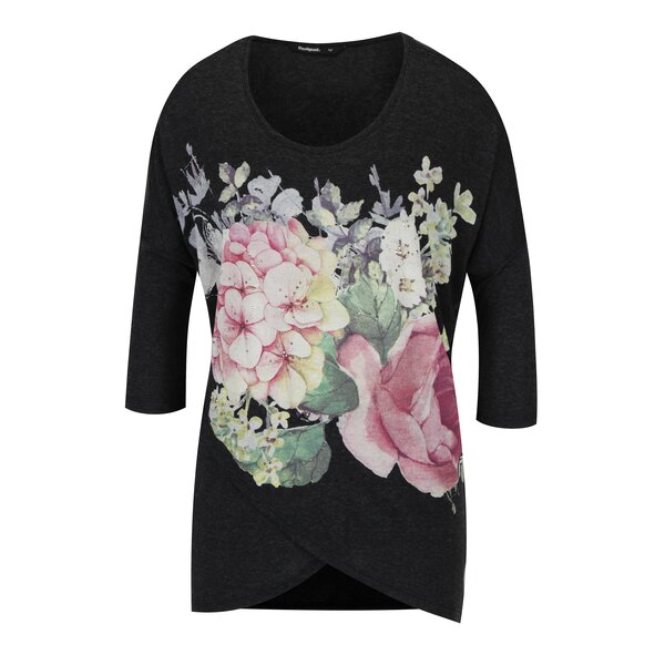 Bluza gri inchis cu print floral si strasuri Desigual Nati