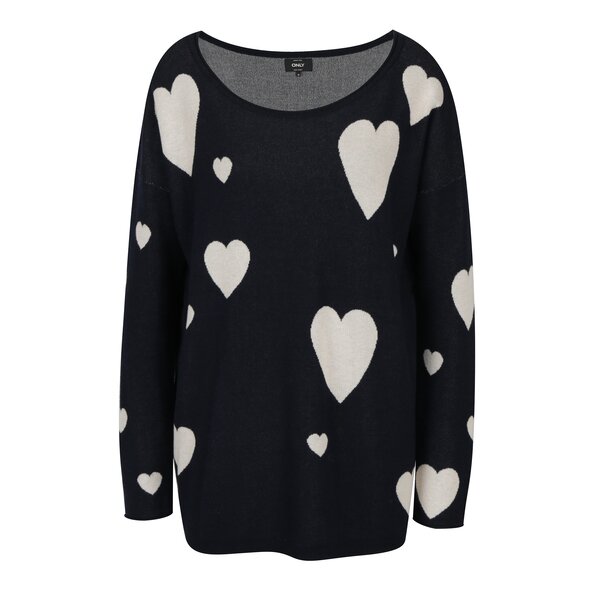 Pulover lung cu inimi bleumarin & crem - ONLY Valentine