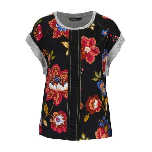 Top negru floral cu garnituri gri melanj Desigual Combinada