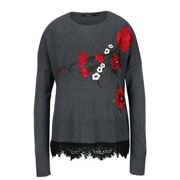 Pulover gri cu broderie si dantela Desigual Rosalia