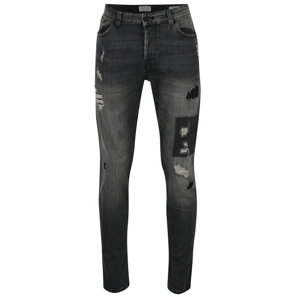 Blugi slim fit gri cu aspect uzat si prespalat - ONLY & SONS Loom