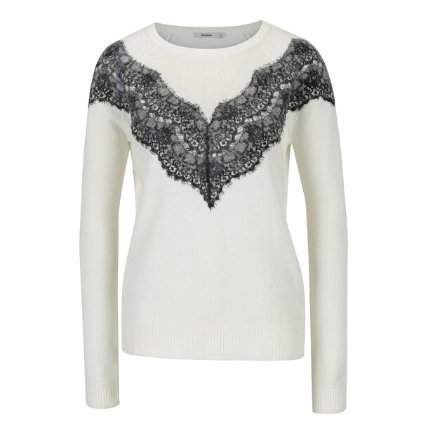 Pulover crem cu aplicatie dantelata neagra Desigual Saruka