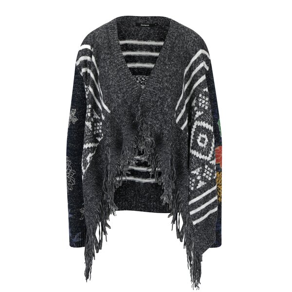 Cardigan gri asimetric cu franjuri si paiete Desigual Sally