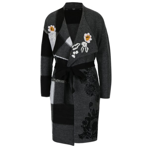 Cardigan gri cu revere asimetrice si cordon Desigual Ani