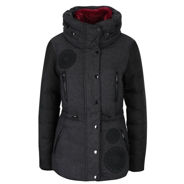 Geaca matlasata gri cu broderie si guler inalt Desigual Marelen