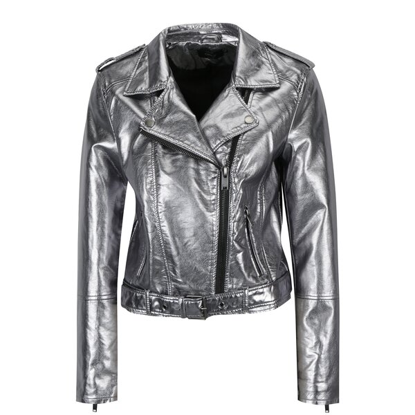 Jacheta biker argintiu metalizat cu revere si fermoar asimetric - ONLY Ann
