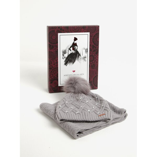Set gri deschis fular + caciula cu strasuri si pom pom Something Special