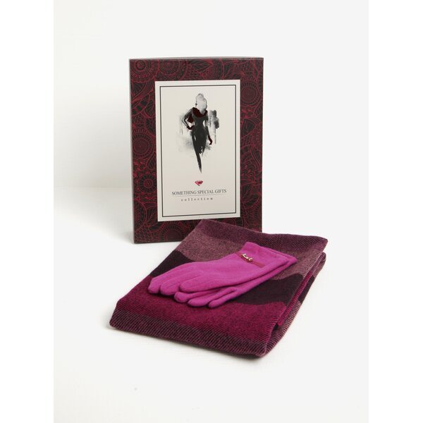 Set fular negru&mov in dungi + manusi roz din amestec de lana Something Special