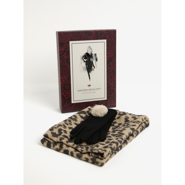Set fular negru& bej animal print + manusi negre din amestec de lana Something Special