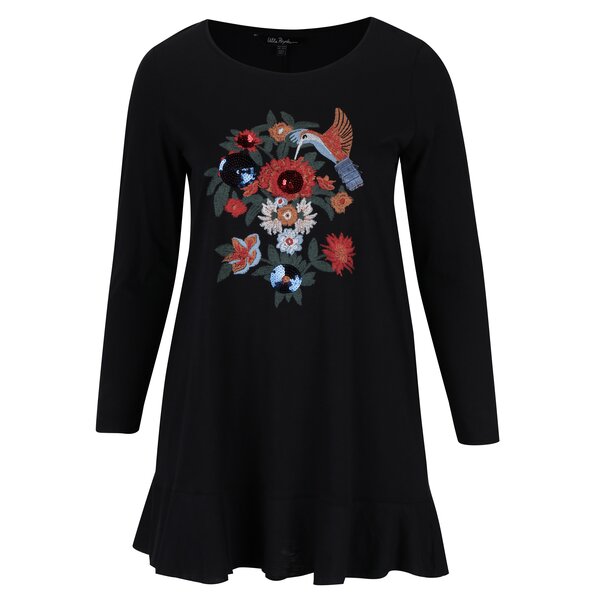 Bluza neagra cu broderie florala, paiete si volane in talie Ulla Popken
