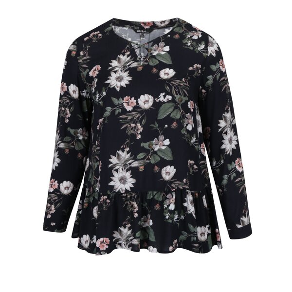 Bluza neagra cu volane, barete incrucisate si model floral Ulla Popken