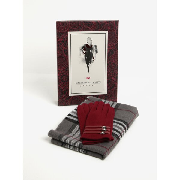 Set fular negru&gri in carouri + manusi bordo din amestec de lana Something Special