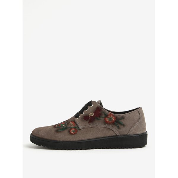 Pantofi gri cu broderie florala din piele intoarsa OJJU