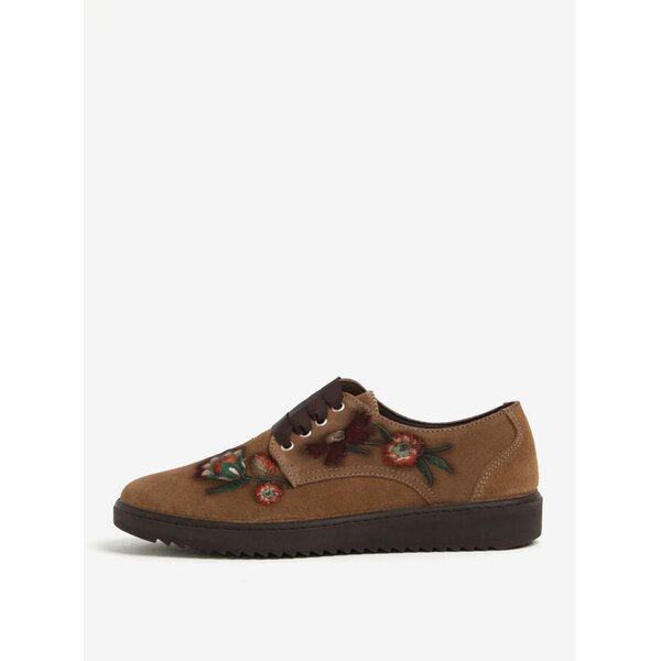 Pantofi maro deschis cu broderie florala din piele intoarsa OJJU