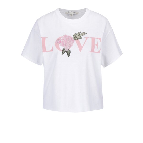 Tricou alb din bumbac cu proderie si print text - Miss Selfridge
