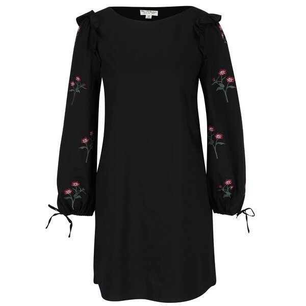 Rochie neagra cu broderie florala si volane discrete pe umeri- Miss Selfridge