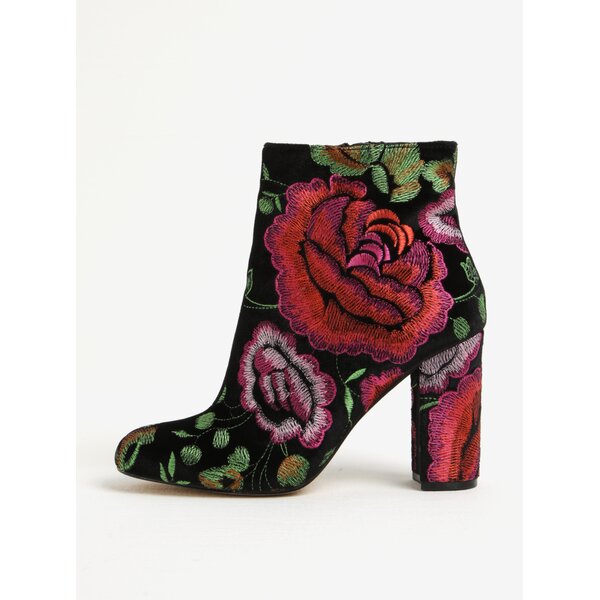 Botine negre cu toc din catifea si broderie florala - Miss Selfridge Darcie