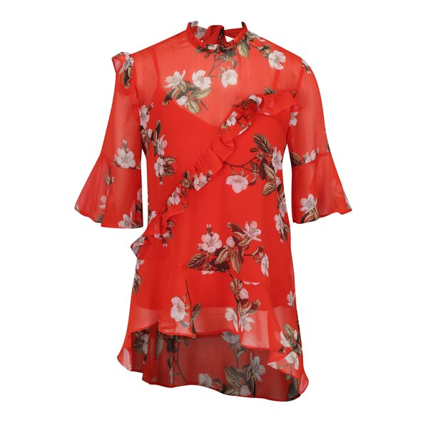 Bluza rosu & verde cu print floral, maneci 3/4 si volan decorativ - Miss Selfridge