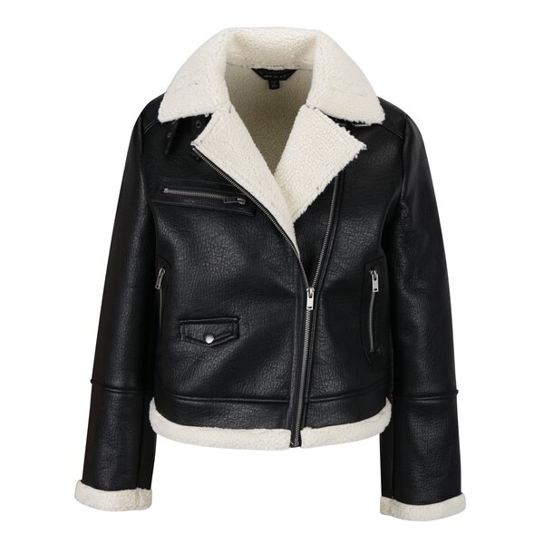 Jacheta aviator neagra cu aspect de piele si revere cu blanita artificiala - Miss Selfridge