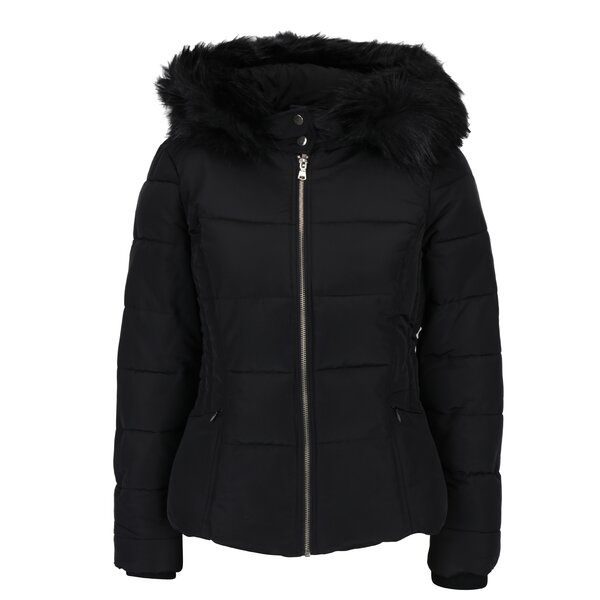 Geaca neagra matlasata cu gluga cu blana detasabila - Miss Selfridge Petites