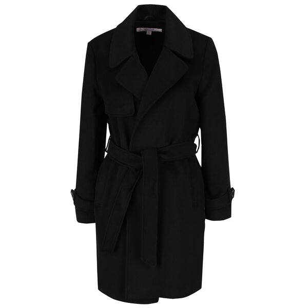 Palton negru cu revere, cordon in talie si buzunare - Miss Selfridge Petites