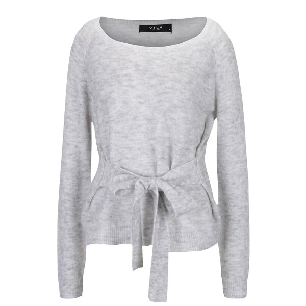 Pulover gri melanj cu cordon in talie din amestec de mohair VILA Mirum