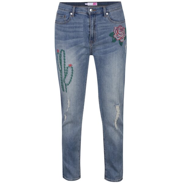 Blugi girlfriend albastri cu talie inalta si broderie - Juicy Couture