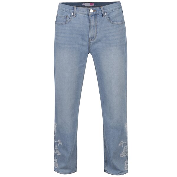 Blugi boyfriend albastri cu talie joasa si broderie - Juicy Couture
