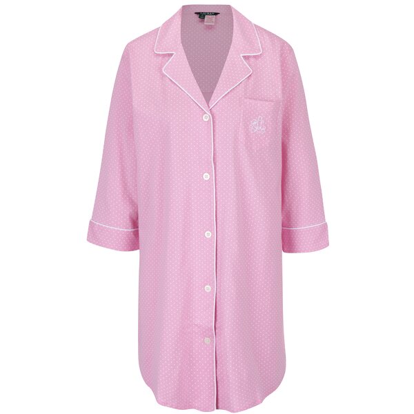 Camasa de noapte roz cu revere, logo brodat si buline albe - Lauren Ralph Lauren Heritage
