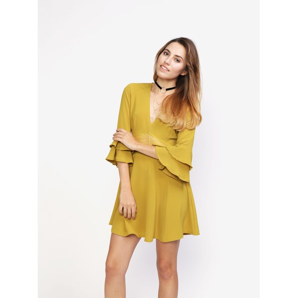 Rochie galben mustar cu maneci 3/4 si insertie din dantela- MISSGUIDED