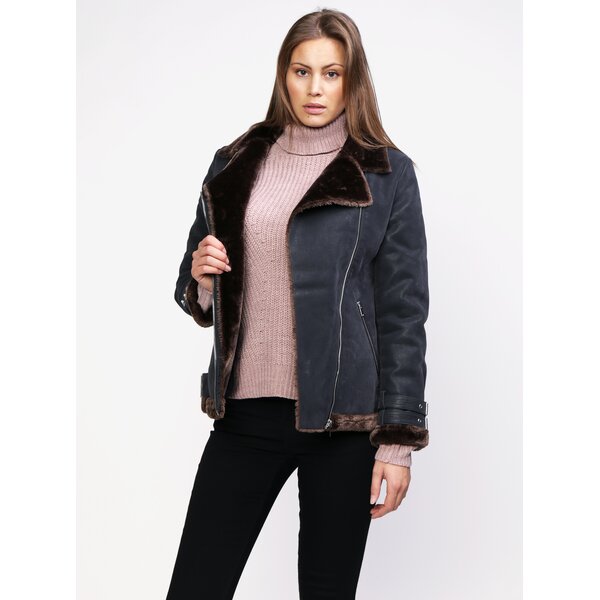 Jacheta aviator gri inchis cu blana artificiala si buzunare - MISSGUIDED