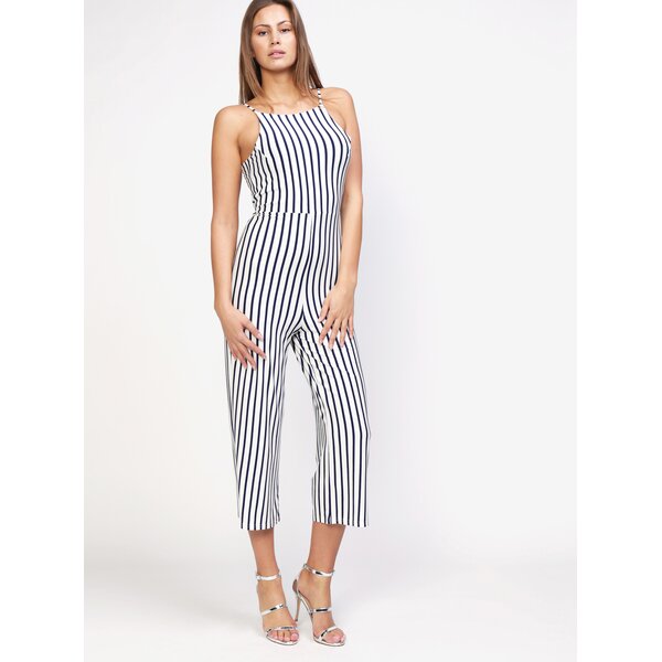 Salopeta crem cu dungi bleumarin si bretele subtiri - MISSGUIDED