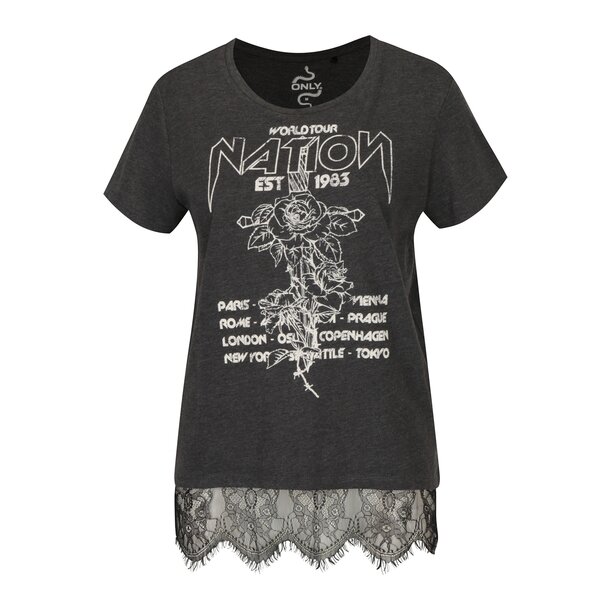 Tricou gri inchis&crem cu print inscriptie si dantela ONLY Prince