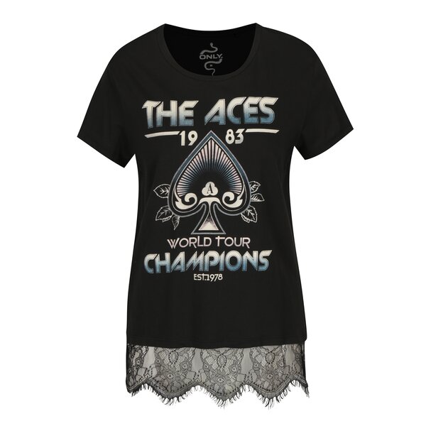Tricou negru cu print text si dantela ONLY Prince
