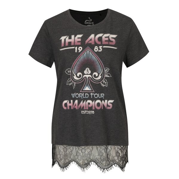 Tricou gri inchis cu print text si dantela ONLY Prince