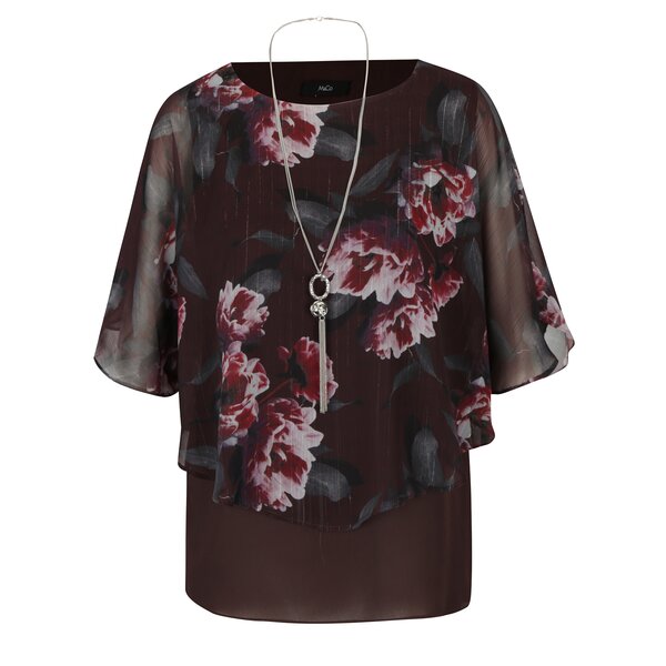 Bluza bordo florala cu maneci liliac si colier M&Co