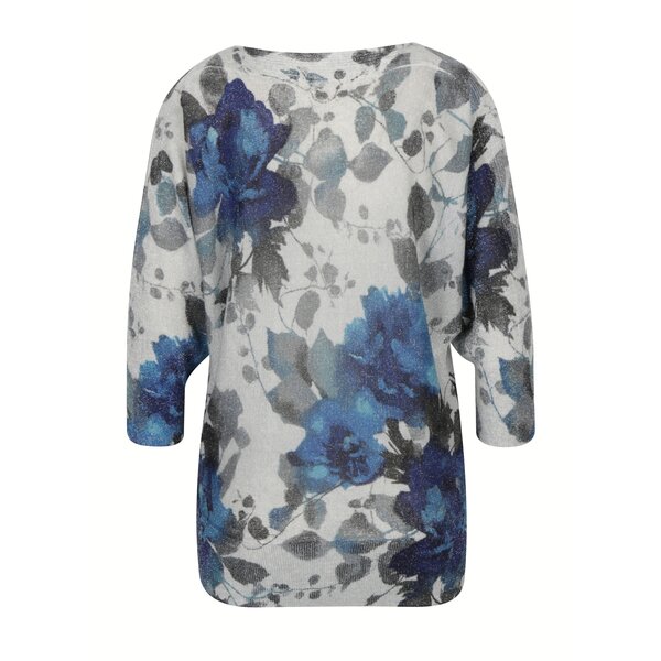 Pulover gri deschis&albastru cu print floral si maneci 3/4 liliac M&Co